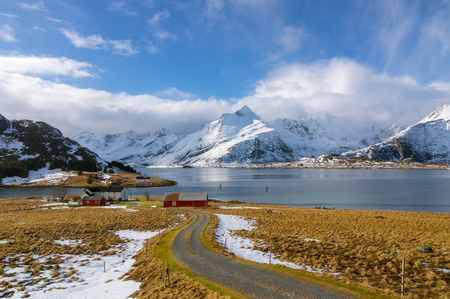 Beautiful view of scenic Lofoten Islands archipelago winter scenery, Beautiful mountain landscape in winter Norway, Scandinavia.の写真素材