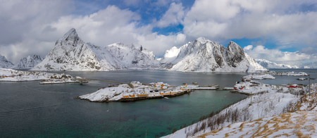 Beautiful panorama view of scenic Lofoten Islands archipelago winter scenery, Beautiful mountain landscape in winter Norway, Scandinavia.の写真素材
