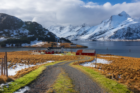 Beautiful view of scenic Lofoten Islands archipelago winter scenery, Beautiful mountain landscape in winter Norway, Scandinavia.の写真素材