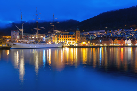 Famous Bryggen street with wooden colored houses in Bergen at twilight, Norway.の写真素材