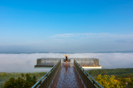 Hipster woman standing on Wooden bridge view point and Tung Bua Tong Mexican sunflower field in Mae Moh Coal Mine, Lampang Province, Thailand.の写真素材