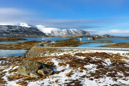 Beautiful view of scenic Lofoten Islands archipelago winter scenery, Beautiful mountain landscape in winter Norway, Scandinavia.の写真素材