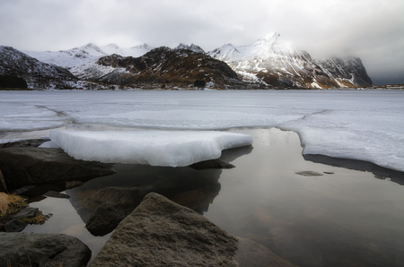 Beautiful view of scenic Lofoten Islands archipelago winter scenery, Beautiful mountain landscape in winter Norway, Scandinavia.の写真素材