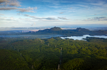 Aerial view, Beautiful sunrise with vivid clouds and sky over the mountain, Mae Moh Lampang.の写真素材