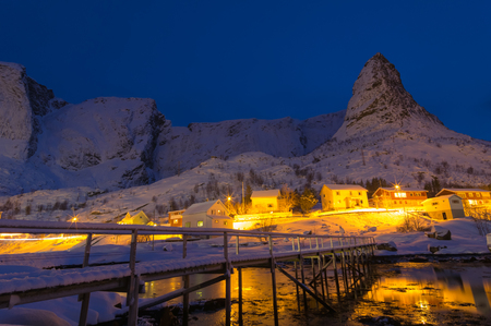 Beautiful fishing village Reine view of scenic Lofoten Islands archipelago winter scenery, Beautiful mountain landscape in winter Norway, Scandinavia.の写真素材