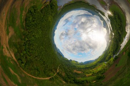 Aerial view over Mae Chang Reservoir, Mae Moh, Lampang, Thailand, 360 degrees panorama - Drone.の写真素材