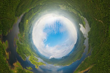 Little planet 360 degree sphere birds eye view. Panoramic view over Mae Chang Reservoir, Mae Moh, Lampang, Thailand - Drone.の写真素材