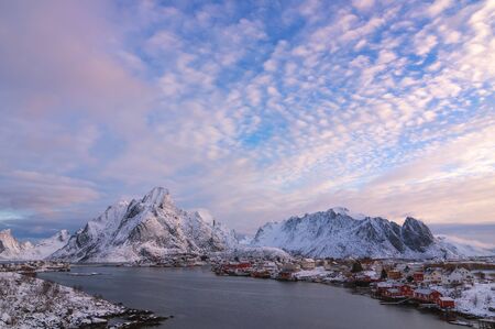 Beautiful view of scenic Lofoten Islands archipelago winter scenery, Beautiful mountain landscape in winter Norway, Scandinavia.の写真素材