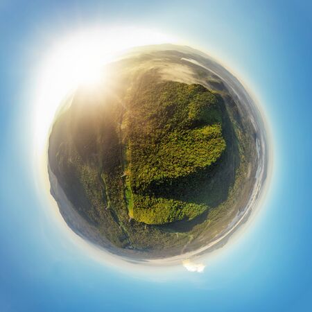 Little planet 360 degree sphere birds eye view. Panoramic view over Mountain near Mae Chang Reservoir, Mae Moh, Lampang, Thailand - Drone.の写真素材