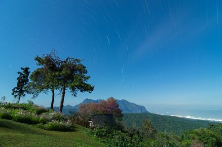 Beautiful nighttime scenery and stars moving in the sky, long exposure form Doi mae taman san pa kia chiang mai thailand.の写真素材