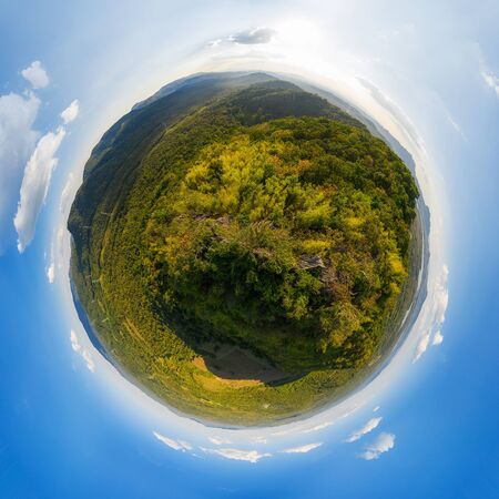 Little planet 360 degree sphere birds eye view. Panoramic view over mountain in  Mae Moh, Lampang, Thailand - Drone.の写真素材