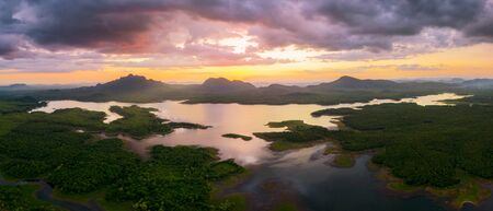 Aerial view over Mae Chang Reservoir, Mae Moh, Lampang, Thailand, panorama - Drone.の写真素材