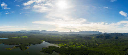Aerial view over Mae Chang Reservoir, Mae Moh, Lampang, Thailand, panorama - Drone.の写真素材