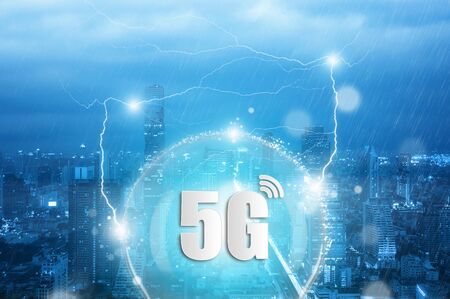 5G Network Internet Mobile, Smart city and communication network, Connect global wireless devices, High-speed mobile Internet, New generation networks. With changing weather background.の写真素材