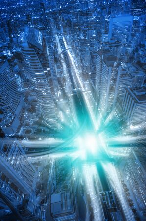 Modern high rise building background blue tone with effect Motion blur for Technology or Business Background.の写真素材