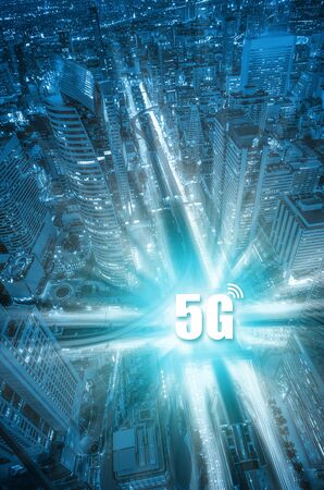 5G Network Internet Mobile, Communication network, Concept of 5G network, High-speed mobile Internet, New generation networks, Modern high rise building background with effect Motion blur background.の写真素材