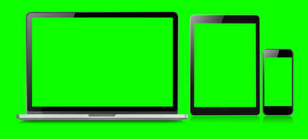 Mockup image of Laptop, tablet and mobile blank green screen in vertical position isolated on green background, Concept device mockup.の写真素材