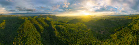 Aerial view, Beautiful  Panorama landscape sunset over peak Mountain with warm light Mae Moh  Lampang, Thailand.の写真素材