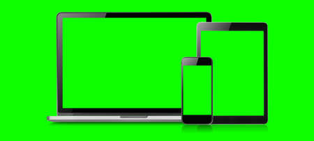 Mockup image of Laptop, tablet and mobile blank green screen in vertical position isolated on green background, Concept device mockup.の写真素材