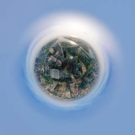 Little planet 360 degree sphere birds eye view, Panorama of Aerial view of Singapore Downtown, Financial district and business centers in urban city in Asia. Skyscraper buildings at twilight by Drone.の写真素材
