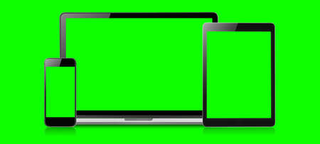 Mockup image of Laptop, tablet and mobile blank green screen in vertical position isolated on green background, Concept device mockup.の写真素材