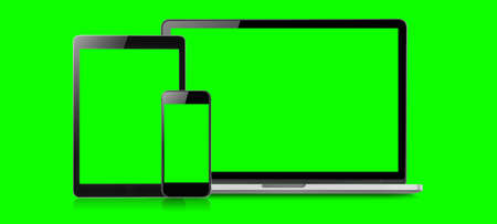 Mockup image of Laptop, tablet and mobile blank green screen in vertical position isolated on green background, Concept device mockup.の写真素材