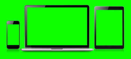 Mockup image of Laptop, tablet and mobile blank green screen in vertical position isolated on green background, Concept device mockup.の写真素材