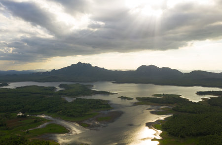 Beautiful Aerial view sundown over the mountain range at the north of thailand, Beauty rainforest...