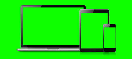 Mockup image of Laptop, tablet and mobile blank green screen in vertical position isolated on green background, Concept device mockup.の写真素材