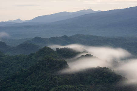Beautifully Landscape Aerial view panoramic at sunrise with fog above mountain in Mae Moh, Lampang, Thailand, Drone.の写真素材
