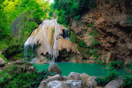 Panorama of Ko luang waterfall turquoise blue river, Mae Ping National Park, Lum phun, Thailand.の写真素材