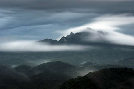 Beautiful fog in the forest with green mountains. Long Exposure.の写真素材