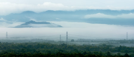 Panorama aerial view transmission tower in green forest and beautiful morning smooth fog. Energy and...