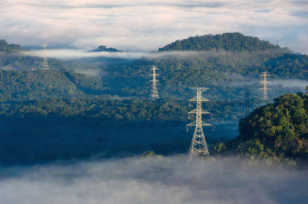 Transmission tower in green forest and beautiful morning smooth fog. Energy and environment concept. High voltage power poles.の写真素材