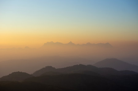 Aerial View of Doi chiang dao mountains in the morning and the sea of mist, Doi Kham Fa. Chiang Mai Province, Thailand. Pink cherry blossom.の写真素材