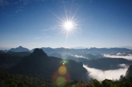 Beautiful aerial view landscape sunbeam with fog at morning, Baan jabo viewpoint. Mae Hong Son, Baan JABO one of the most amazing Mist in Thailand.の写真素材