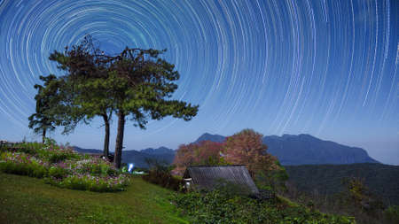 Beautiful Doi Luang Chiang Dao Mountains at night and star trails, Doi Mae Taman, San Pa Kia. Chiang Mai Province, Thailand.の写真素材