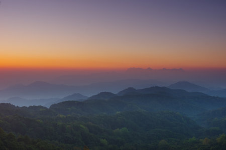 Aerial View of Doi chiang dao mountains in the morning and the sea of mist, Doi Kham Fa. Chiang Mai Province, Thailand. Pink cherry blossom.の写真素材