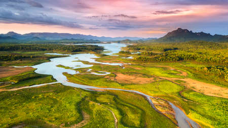 Aerial view Beautiful lake in the middle of valley and forest, Mae Moh, Lampangの写真素材