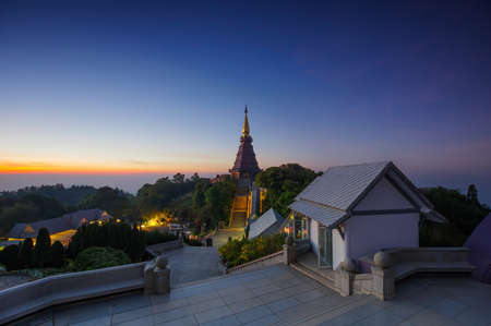 Twilight Moments sunset or sunrise Above the sacred pagoda at Doi Inthanon National Park, Chiang Mai, Thailand.の写真素材