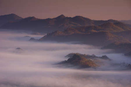 Fog in the morning forest with green mountains. Pang Puai, Mae Moh, Lampang, Thailand.の写真素材