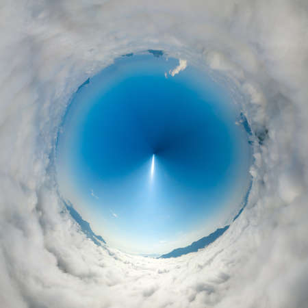 Aerial view over Landscape Mountains sea of fog, Mae Moh, Lampang, Thailand, 360 degrees panorama - Drone. Cloudscape.の写真素材
