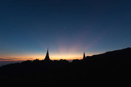 Twilight Moments sunset or sunrise Above the sacred pagoda at Doi Inthanon National Park, Chiang Mai, Thailand.の写真素材