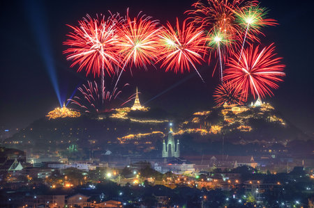 Beautiful Khao Wang Fireworks, Phetchaburi Province Thailand.の写真素材