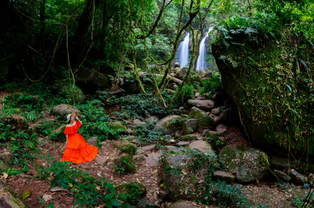 Beautiful woman in red dress in front of the Sapan Waterfall, Khun Nan National Park, Boklua District, Nan Province, Thailand.の写真素材