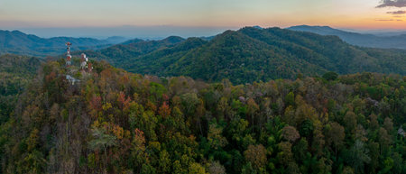 Aerial view of dense forest in autumn . Autumn leaves in the forest. Pangpuai, MaeMoh, Lampang, Thailand.の写真素材