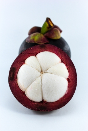 Mangosteen fruit and cross section showing the thick purple skin and white flesh of the queen of fruits.の写真素材