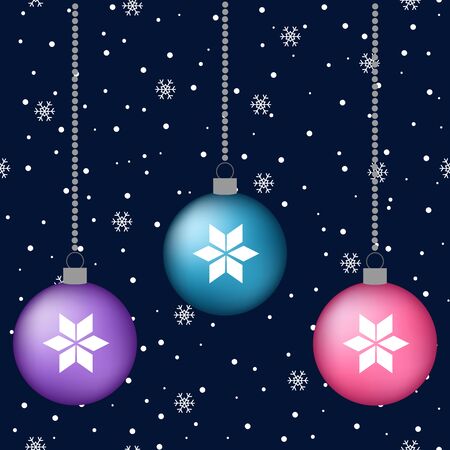 Blue, pink, purple Christmas balls decoration hanging winter background snow night dark sky card vector.のイラスト素材