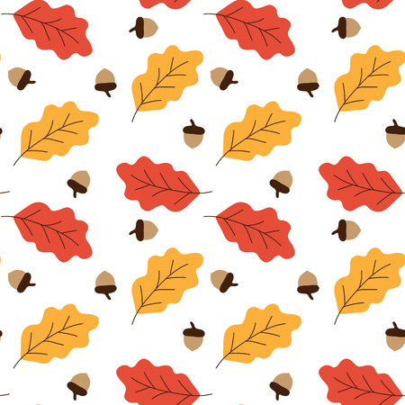 yellow and red oak leaves and acorns autumn pattern seamless vector.のイラスト素材
