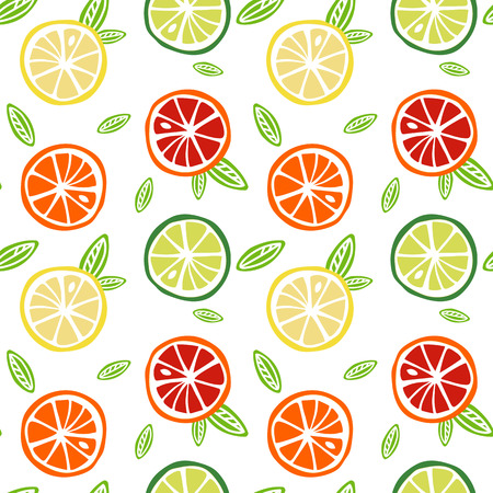 fruit yellow lemon green lime orange red grapefruit  with green leaves citrus tropical summer on a white background pattern seamless vector.のイラスト素材